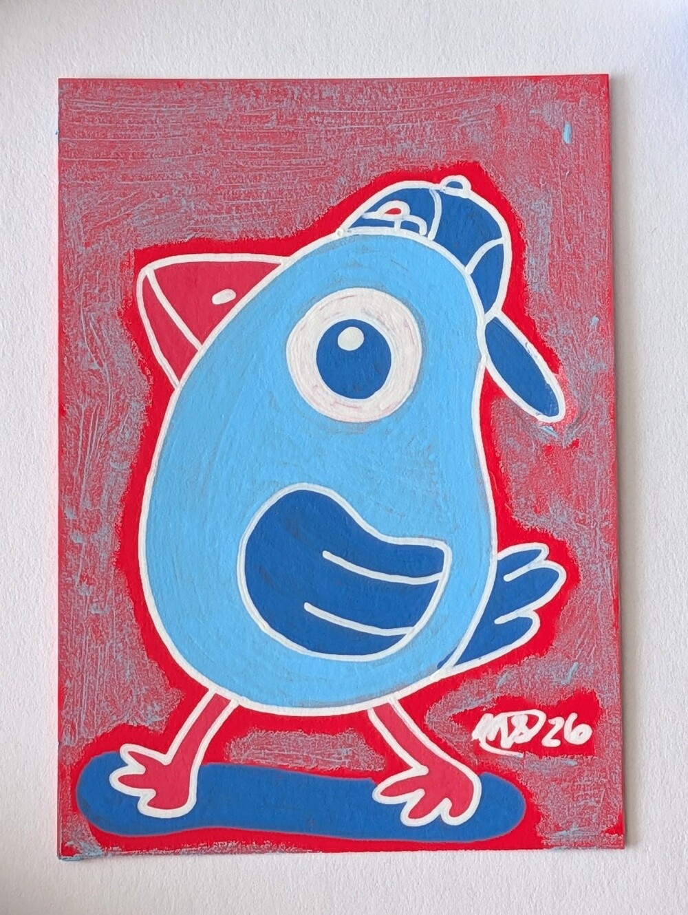 ACEO Original Red White & Blue Bird with Cap 2.5×3.5 Painting Card By Mattoodles